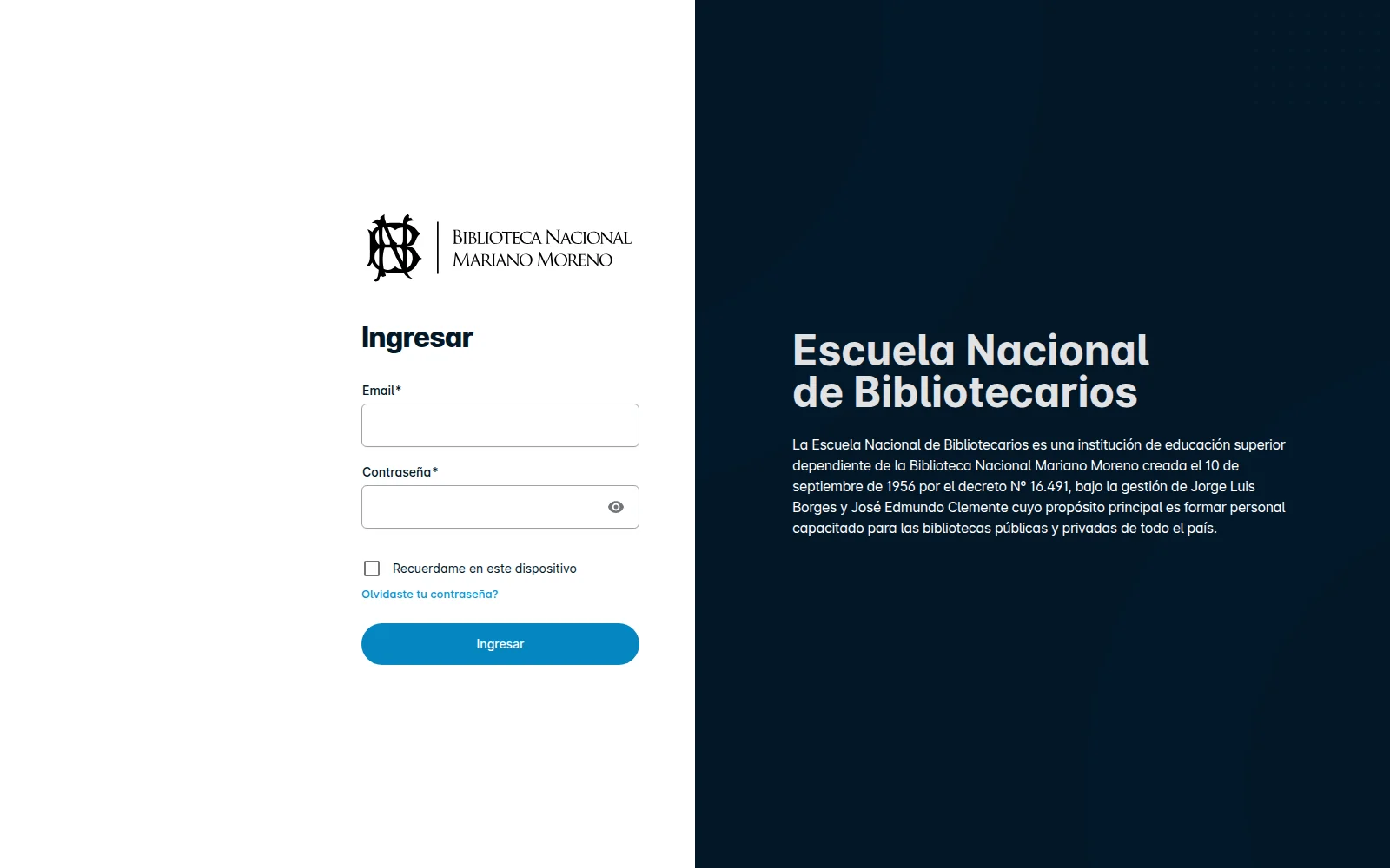 Pantalla de ingreso al campus virtual de la Escuela Nacional de Bibliotecarios